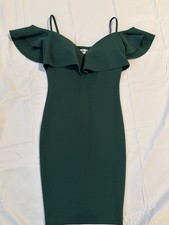Women’s Dark Green Off Shoulder Ruffle Bodycon Mini Dress XS
