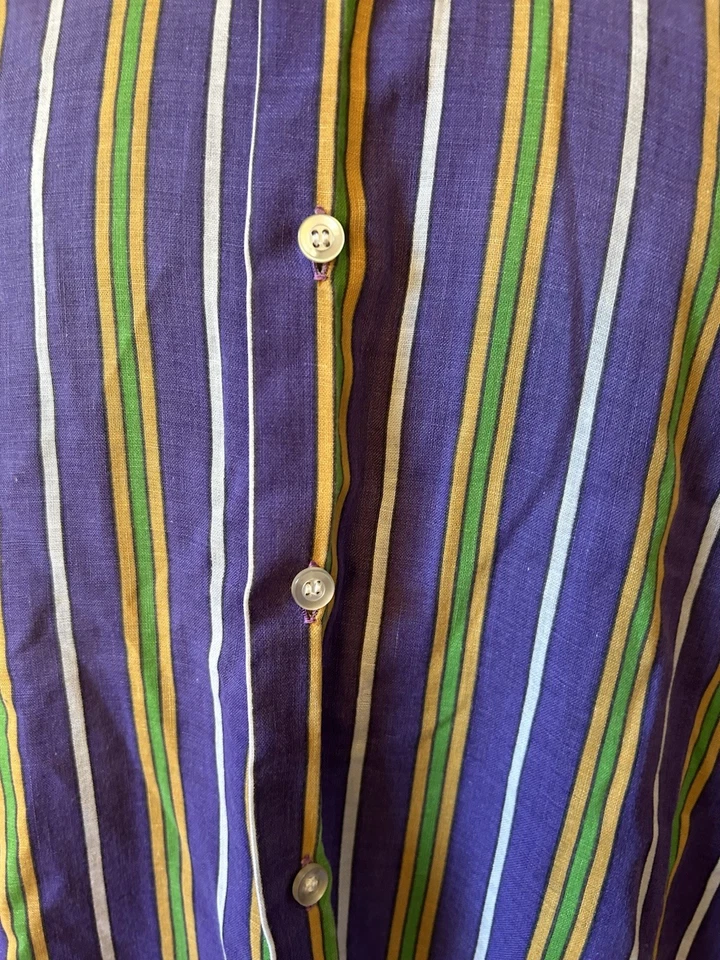 Camisa De Colección Años 70 Para Hombre Púrpura Verde Rayas Botón Frontal Cuello Daga L Leer Foto 2 de 4