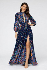 NWT Fashionova Wings of a Feather Maxi Dress Sz L Navy Colorful Long Sleeve Boho