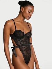 Victoria  s Secret Black Lace Babydoll Thong Bodysuit / Size Medium