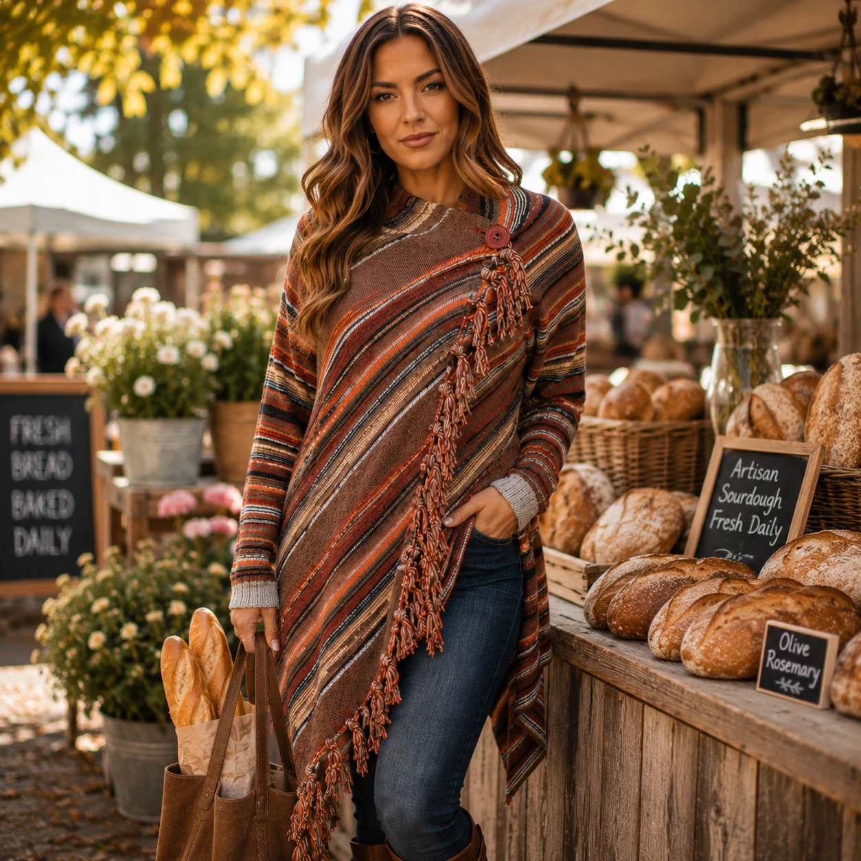 Womens 2XL Boho Striped Fringe Cardigan Poncho Sweater Brown Orange Asymmetrical