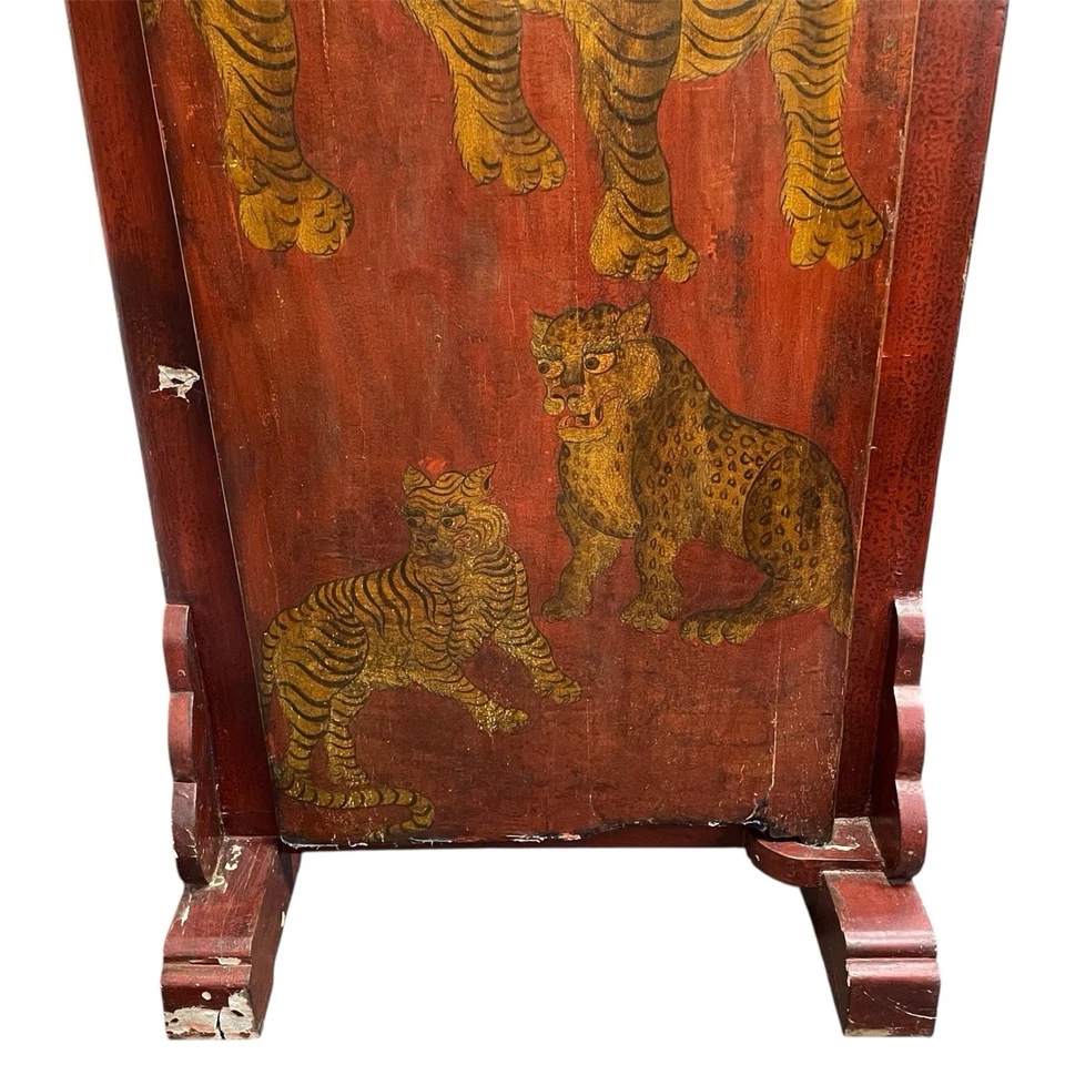 Antiguo panel de puerta de tigres pintados tibetanos arte marco de madera leopardo Foto 3 de 4