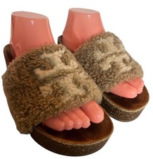 Tory Burch Sz 7 Double T Shearling Flatform Sandals Slides Mules Almond Beige