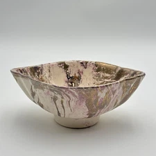 1950s Santa Anita Ware Pink Mist Pottery Oval Bowl 7.5” Footed Dish Gold Swirls