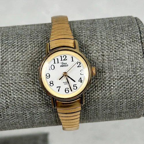 VTG Timex Watch Womens 23mm Indiglo Quartz Gold Tone Stretchy Band New Battery