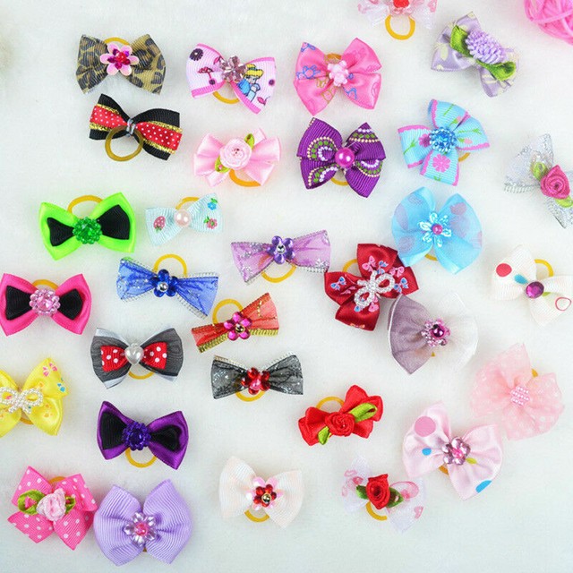 20pcs Lot Assorted Pet Cat Dog Hair Bows with Rubber Bands Grooming Accessories