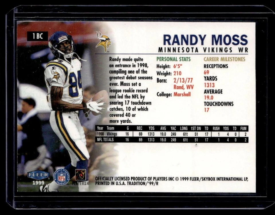 1999 Fleer Tradition Blitz Collection Randy Moss Minnesota Vikings #1 - Image 2 of 2