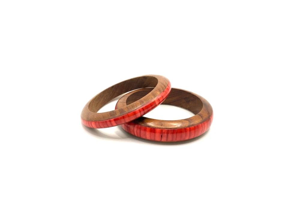 Lot of 2 Red Coral Inlay Wood Bangle Bracelet Chunky Boho Hippie Statement Retro - Image 2 of 4