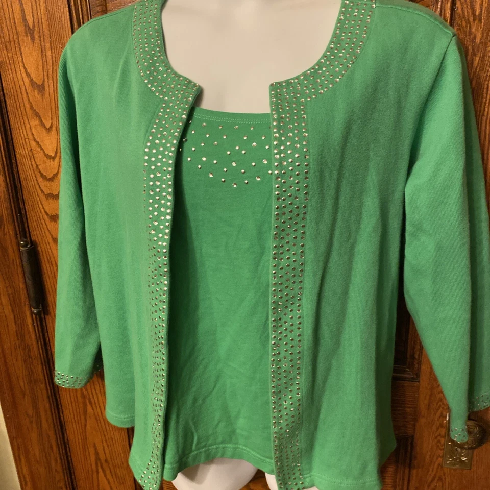 Vintage QUACKER FACTORY Emerald Green Beaded "Mock 2-pc Look" SWEATER, Size 3X - Image 4 of 4