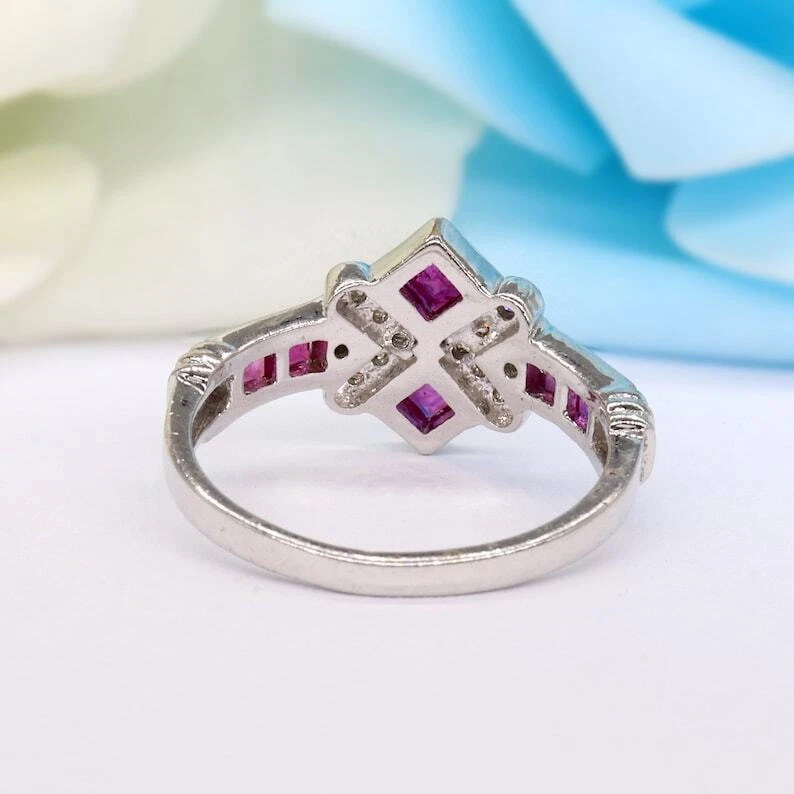 925 Sterling Silver Red Ruby and White Topaz Stackable Band Wedding Ring - Image 2 of 4