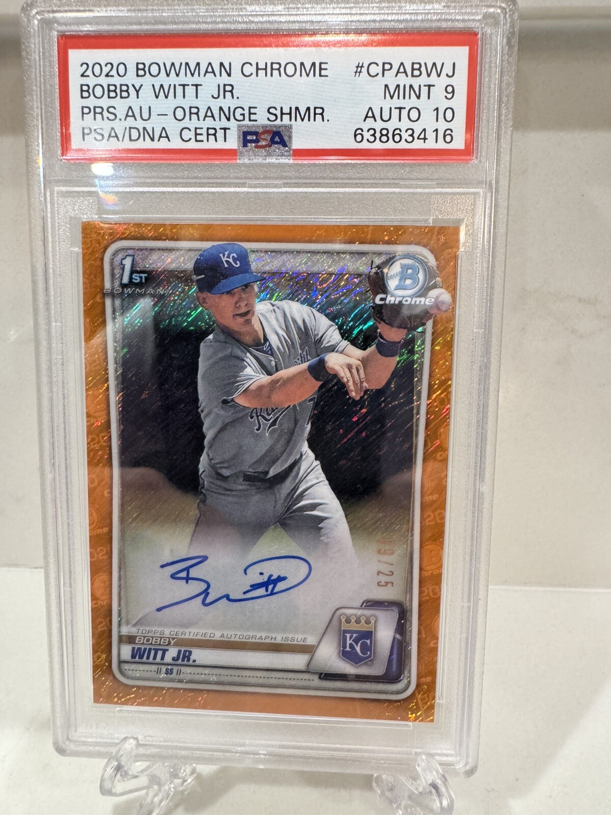 2020 Bowman Chrome Bobby Witt Jr. Auto Orange Shimmer Refractor /25 PSA 9/10