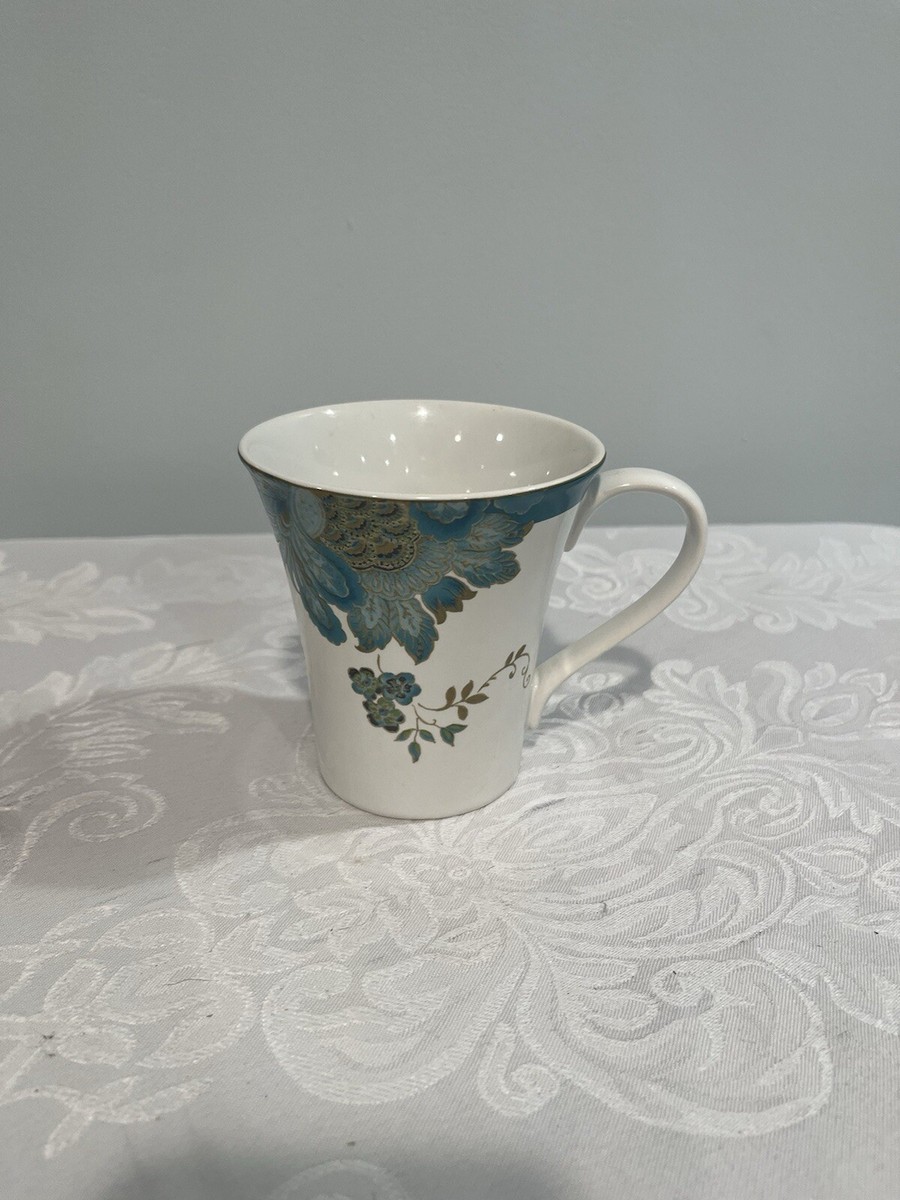 222 Fifth Eliza Teal SET OF 4 Coffee Mugs Floral Peacock NEW