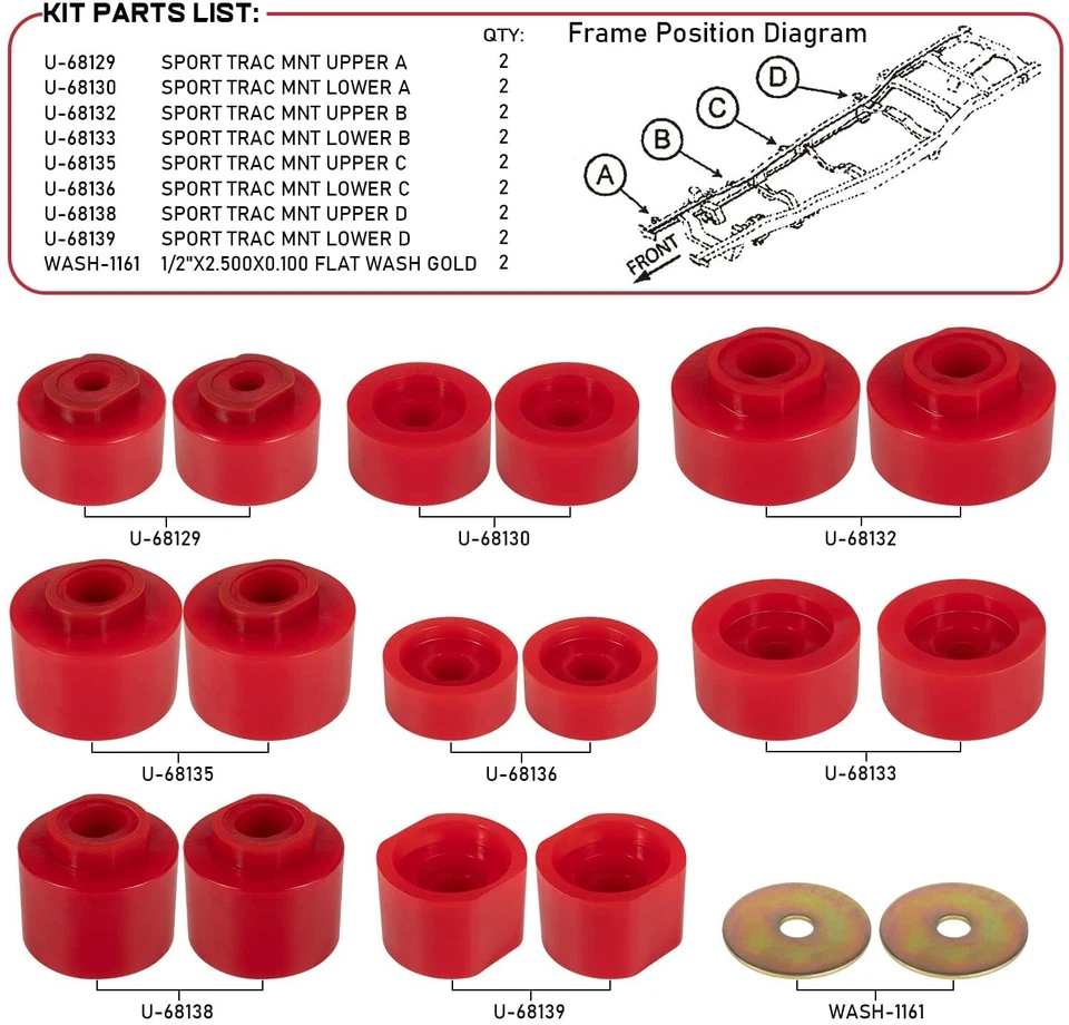 6-116 Ford Explorer 2001-2005 Body Mount Bushings Kit Fits 2WD/4WD Sport Trac - Изображение 2 из 4