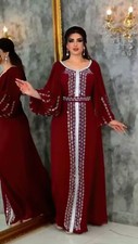 Muslim Rhinestone Puff Sleeve Abaya Kaftan Long Dress Dubai Evening Party Gown