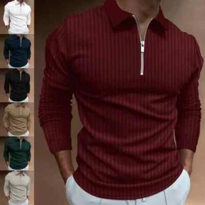 Mens 1/4 Zip Polo Shirts Men Long Sleeve Lapel Neck Golf Sport tops Casual tee