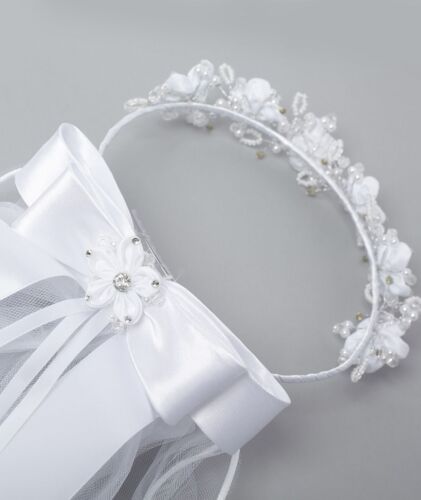 Mädchen weißer Schleifenschleier mit Blumentiara - Zubehör für besondere Anlässe - Bild 4 von 5