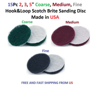 15 Pcs 2, 3, 4, 5'' Coarse Medium Fine Hook & Loop Scotch Brite Sanding Discs