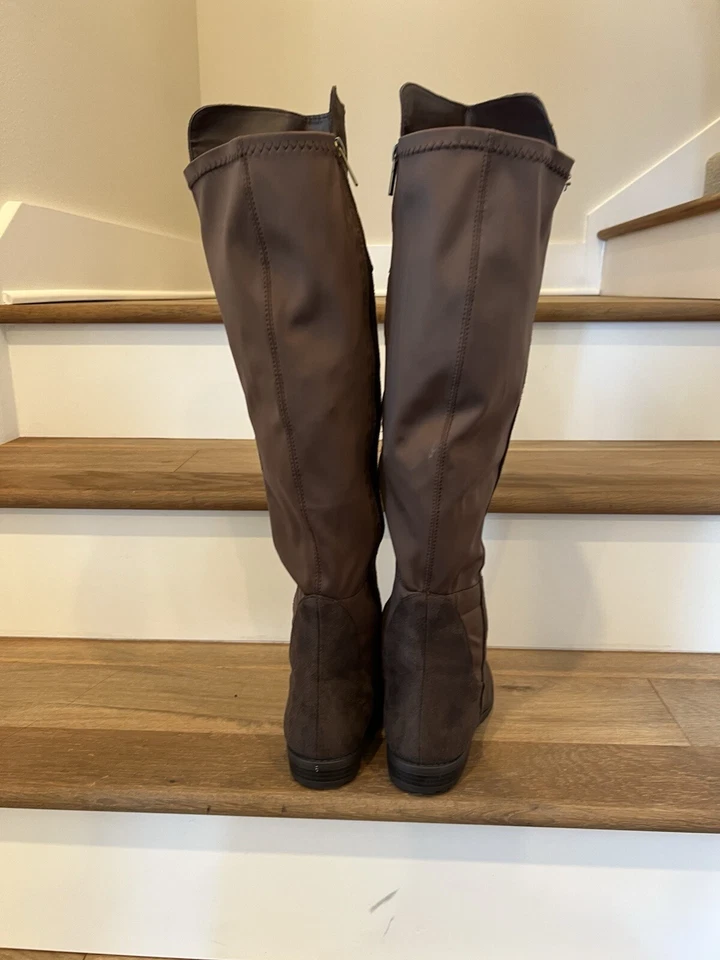 Botas hasta la rodilla de gamuza de tela marrón para mujer talla 8 Foto 2 de 4