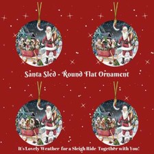 Santa Sled Dogs Cats Pet Photo Round Flat Christmas Tree Ornament