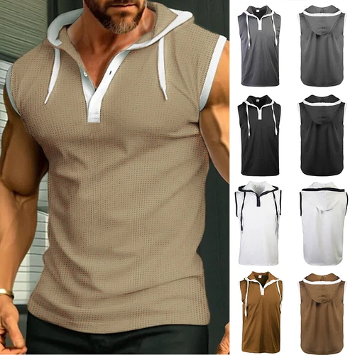 New Pullover Sport Ärmellose T-Shirts Hemden Weste Knopf Tank Top Lässig Solide - Bild 3 von 20