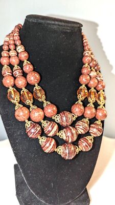 Triple Strand Vintage Chocolate Beaded Necklace 