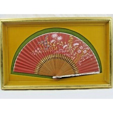 Vintage Framed Matted Asian Folding Hand Fan Velvet Mother of Pearl