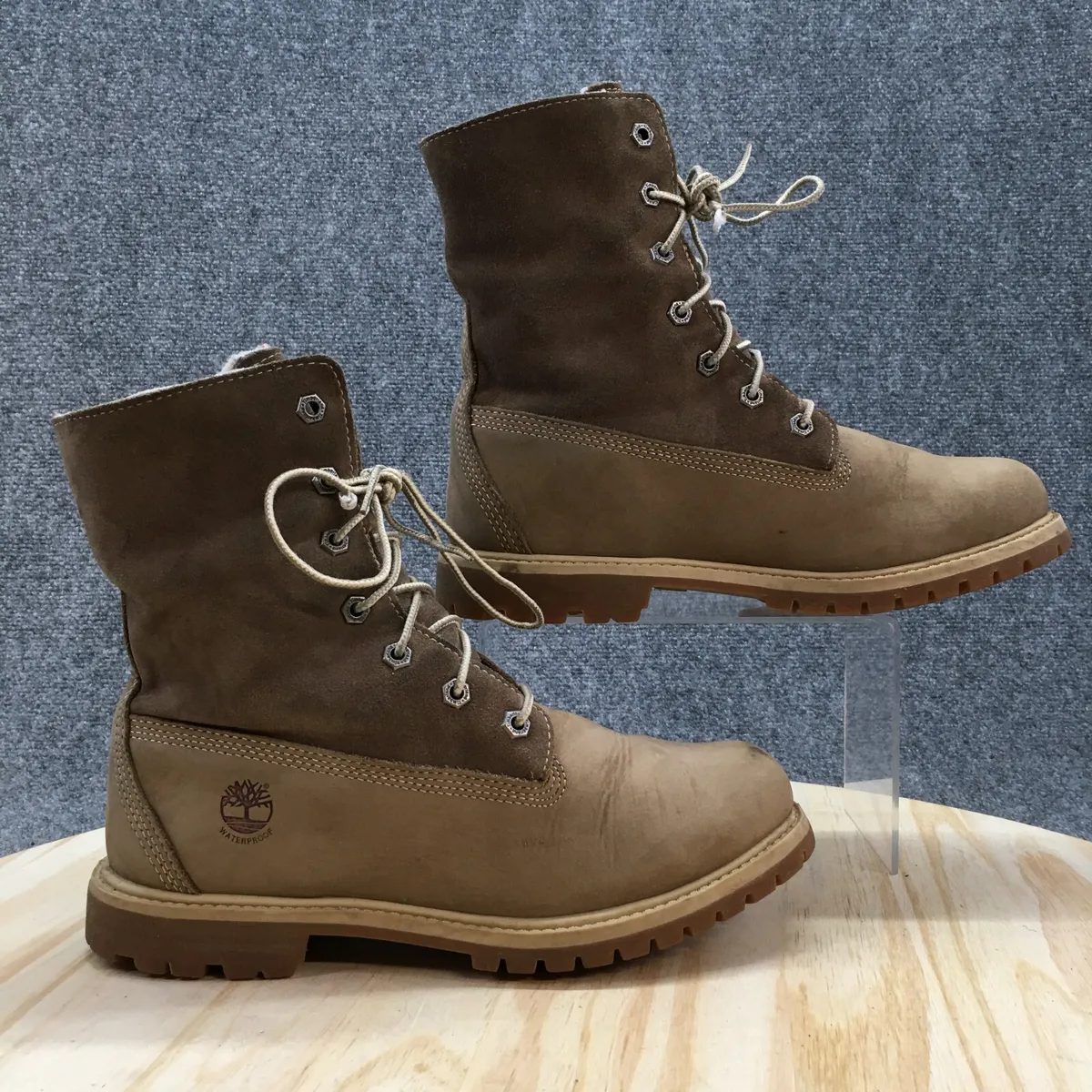 Timberland Boots Womens 8 Teddy Fleece Shearling Brown Leather Mid Lace eBay