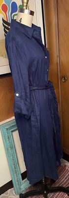 MAGASCHONI Linen Shirt Dress Sz M blue roll tab sleeve tie belt | eBay