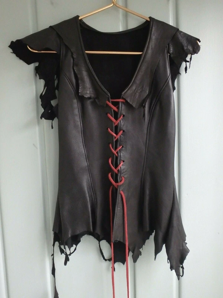 Black Leather Distressed Lace Up Corset Pirate Renaissance Halloween Costume - Image 2 of 4
