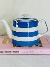 Vintage Cornishware Teapot Blue and White Stripe TG Green