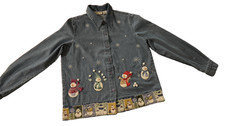 Vintage Lemon Grass Snowman Denim Shirt Women s Size Small Appliques Embroidery