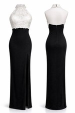 Open Back Halter Gown Black White Lace Column Formal Evening Occasion Dress S/M
