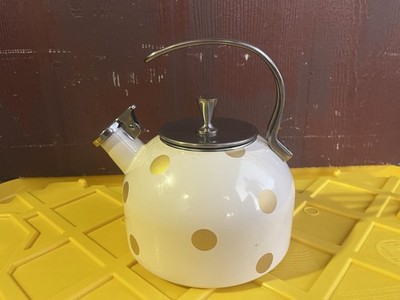 Lenox Deco Dot  Kate Spade 2.5 Qt Tea Kettle White Gold Polka Enamel Stainless