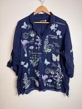 Johnny Was Mariposa Blouse Navy Women's L Embroidered Butterfly Rayon Button 3/4