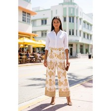 Hyfve Womens Damask Floral Print Wide Leg Pants White Mustard Boho Trousers S