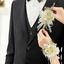 Champagne Wedding Corsage and Boutonniere Set - Silk Flower Wrist Corsage Bracel