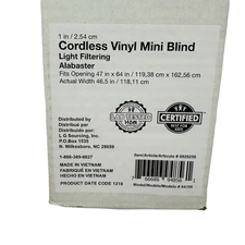Cordless Vinyl Mini Blind Alabaster 47x64 Light Filtering Certified Window Shade