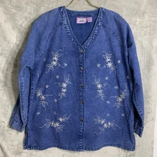 VTG Premier International Denim Top Womens Plus 1X Blue Long Sleeve Embroidered