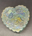 Vintage Fenton Hummingbird Green Iridescent Carnival Glass Heart Trinket Box