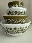 Vintage Pyrex Green Crazy Daisy Spring Blossom Mixing Bowl Set 401 402 403 404