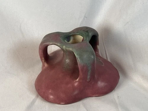 Muncie Futura Art Pottery Double Handle Jardiniere Vase Red Green Matte Glaze