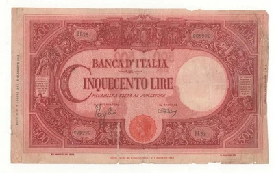 500 LIRE GRANDE C ( B.I ) DECR 17 - 08 - 1944 REPUBBLICA SOCIALE ITALIANA - Bild 1 von 2