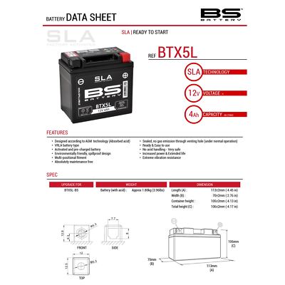 BS Sealed Activated Battery BTX5L fits Honda Zoomer 50CC 01 | eBay