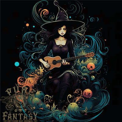 Herren-T-Shirt A Witch Playing a Guitar Halloween Fantasy 100 % Baumwolle