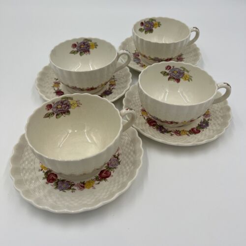 Copeland Spode Rose Briar Set Of (4) Footed Tea Cups And Saucers (Crazing) - Picture 2 of 12