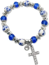 Blue Crystal Beads Cross Rosary Bracelet Communion Gift Stretch Wrist Bangle