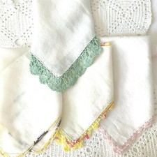 Vintage Hankies Lot of 4 Handkerchiefs Crochet Edges All differ Hanky Good Cond