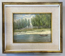 ANTIQUE OIL PAINTING G. BELTRAMI TICINO DRY RIVER LANDSCAPE VIEW BOAT