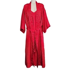 Vintage Val-Mode Lingerie Set Womens Nightgown Small Robe Medium Red Jacquard