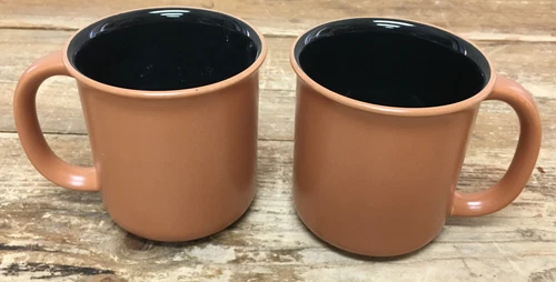 2 Coffee Mugs Crown Corning Prego Japan Black Inside Terra Cotta Terracotta Out